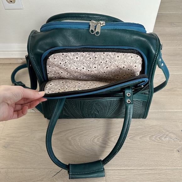 ROPIN WEST VANITY TRAVEL BAG CASE GENUINE HAND TOOLED LEATHER TURQUOISE GREEN - Picture 8 of 13